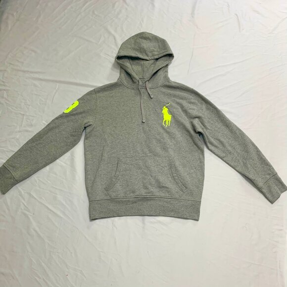 VTG 90s Polo Ralph Lauren Gray Pullover Hoodie Sweatshirt Size Large Neon Pony - Picture 2 of 8